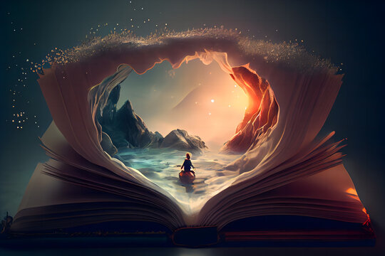 An open magic book with fantasy nature like water, and land.