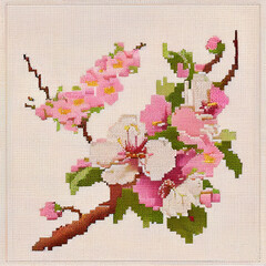 Cherry blossom branch, sakura. Cross stitch fabric background. AI generative.