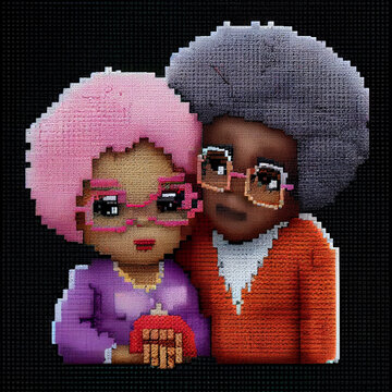 Portrait Of Diverse Couple. Cross Stitch Fabric Style. AI Generative.