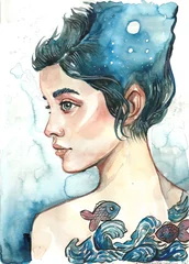 Papier Peint photo Inspiration picturale Watercolor portrait of a woman on a blue background, hand-painted