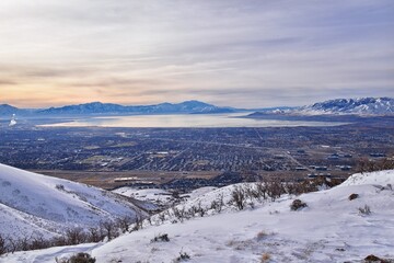 Fototapeta na wymiar Maack Hill Sensei trail snowy mountain valley views in Lone Peak Wilderness Wasatch Rocky Mountains, Utah. USA. 