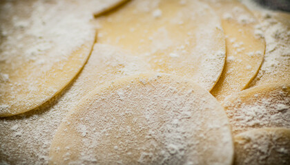 Raw pieces of dough for dumplings with flour. 
