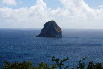 View of the Diamond rock in the caribbean ocean in Martinique.