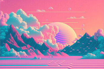 Pastel Vaporwave Background Landscape, Mountains, Clouds Generative AI