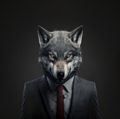 Aggressive wolf in an expensive grey business suit, staring forward with yellow eyes and muzzle curled up, on a dark background.  Created with generative ai