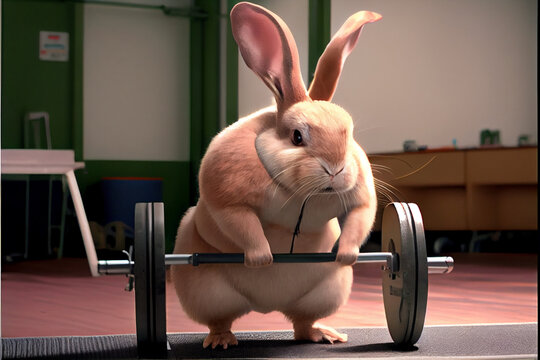 Fitness rabbit workout in gym with weights. Cartoonish strong muscled rabbit weightlifting in gym. Fitness diet concept. Comic.