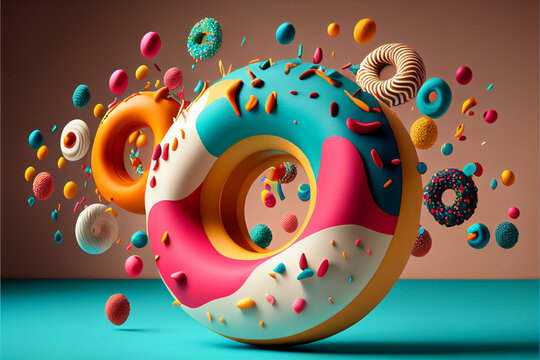 Flying delicious donuts with sprinkel on blue background with copy space. High quality ai illustration