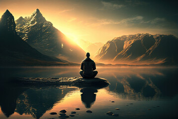 Naklejka na ściany i meble Man meditating by lake and mountains at sunrise by generative AI