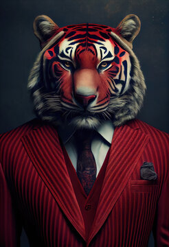 Elegant Tiger In Red Tuxedo