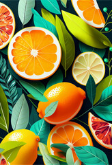 citrus fruit lemon pattern background lay flat. Summer vibes. Citrus fruits slices of orange, lemon, sicilian orange.