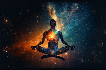 Fototapeta na wymiar Human chakra meditation comprehends the inner light energy. Spiritual healing energy. Abstract silhouette background.