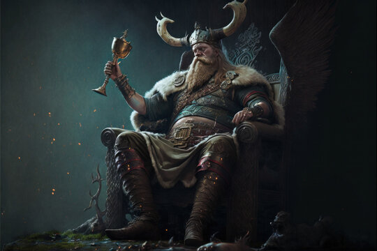 Viking sitting on a throne holding a chalice. Medieval illustration featuring a king of Vikings with helmet made out of horns drinking ale. Middle ages artwork of viking earl warrior. generative ai