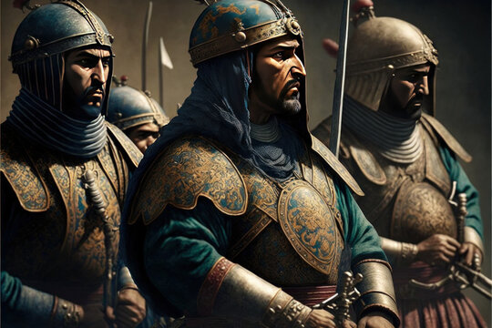 Ancient Muslim Soldiers of Islamic Dynasties: Umayyads, Seljuks, and Abbasids in a Medieval Warfare illustration. Middle ages Islamic warriors wearing full armour before battle. generative ai