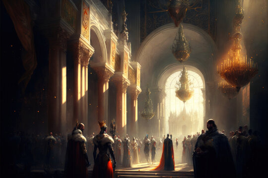 Ceremonial Crowning Of A Ruler In A Medieval Castle Environment. The Coronation Of A King During The Middle Ages With Crowds Of Nobles Gathered In A Palace During A King's Celebration. Generative Ai