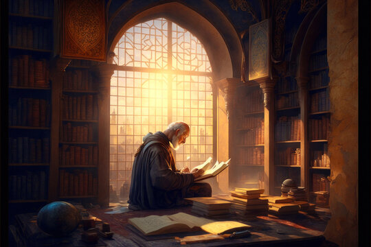 Scholar in a medieval Islamic library, surrounded by books and manuscripts. A man researching interior of a library during the middle ages. A muslim scholar illustration. generative ai