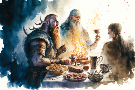 Norsemen Feasting At A Table With Drinks And Food. Medieval Vikings Celebrating Together In A Norse Mythological Illustration. Fantasy Artwork Of Viking Culture. Generative Ai