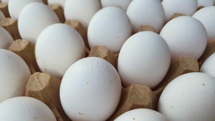 Tray filled with white eggs.