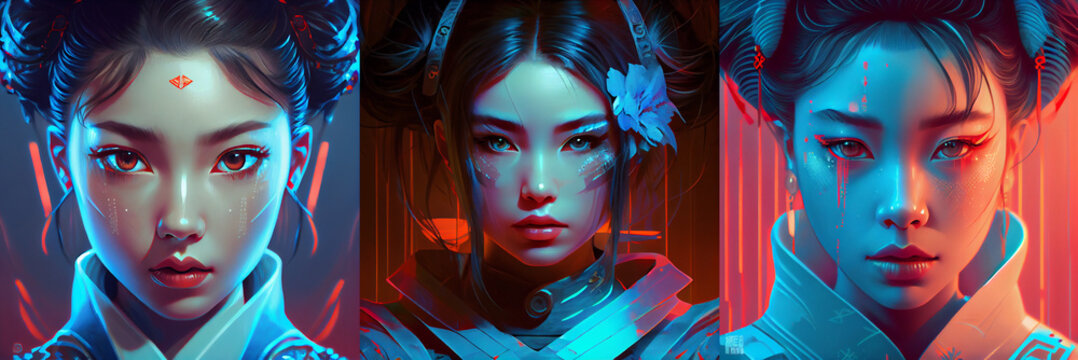 Portrait of a Japanese geisha with a painted face. Cyberpunk neon lights, collection