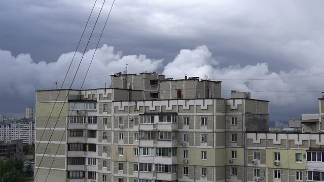 Timelapse of Kyiv city. Movement of clouds in the sky. Troyeshchyna district.