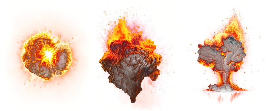 Explosions set PNG. Realistic fiery explosion collection with sparks. Large fireball with black smoke on transparent background.