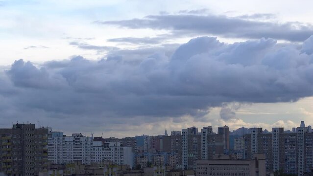Timelapse of Kyiv city. Movement of clouds in the sky. Troyeshchyna district.