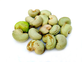 Cashew raw nuts on white background. Selective focus.