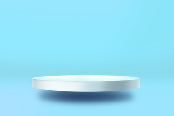 White cylindrical podium on a blue background for the presentation of cosmetics. Mockup for the presentation of goods.