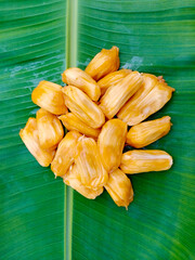 Jackfruits on the banana leaf. Selective focus.