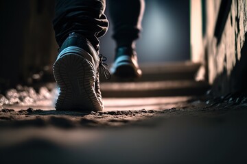 Close-up of a person's shoes while running on a dirty ground, generative ai