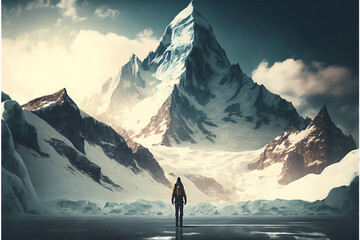 A Man At The Base of A Mountain Preparing to Climb. 