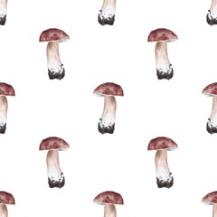 seamless pattern. Watercolor realistic white mushroom. Boletus edulis. cep, penny bun, porcino or porcini,