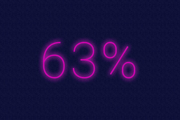 63% percent logo. sixty-three percent neon sign. Number sixty-three on dark purple background. 2d image