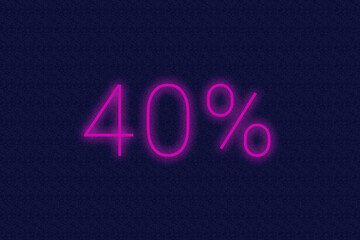 40% percent logo. forty percent neon sign. Number forty on dark purple background. 2d image