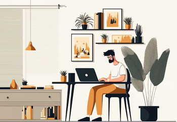 Working at home vector flat style illustration. Coworking space illustration. Young man freelancers working on laptop at home. Study at home.