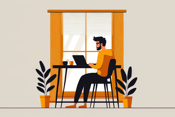 Man sitting at laptop and drinking coffee. Study or working at home concept.