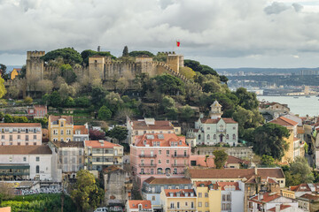 Lisbon, Portugal cityscape with historic Sao Jorge Castle.