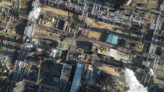 Oil refinery aerial view, shot from a drone. Production of oil and chemicals.