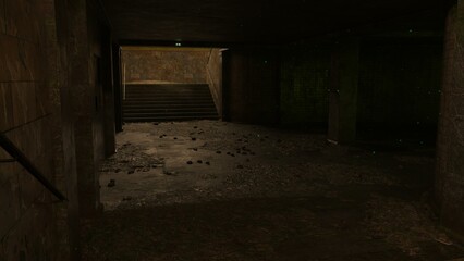 3D-illustration of an abondoned postapocaliptic subway station