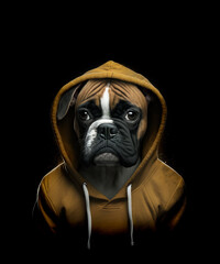  Boxer dog in a brown training hoody with expressive eyes, isolated on a dark background. Flashy fawn pet boxer dog was created with generative ai - obrazy, fototapety, plakaty