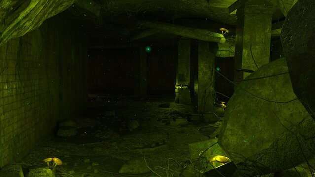 3D-illustration of an abondoned postapocaliptic subway station