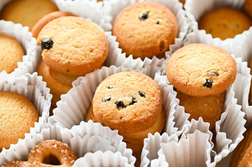 cookie box with danish butter cookies on box background, close up