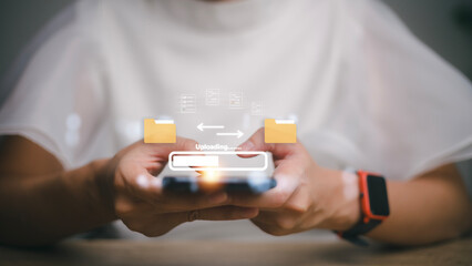 Uploading documents from folder. Open File folder with flying blank documents. Data transfer backup, File Sharing, Document Transferring concept