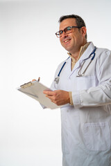 doctor writing notes in a folder on a white background. studio photograph