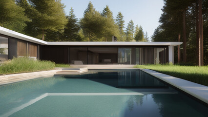swimming pool in a house in the woods, Generative AI