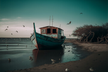 Fototapeta na wymiar Abandoned boat on a beach, a small mountain in the background. generative ai