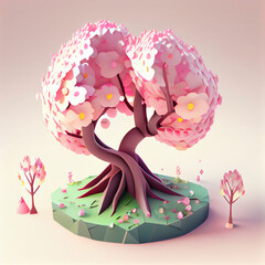 Cherry blossom bonsai, beautiful sakura, pink miniature tree 3d render