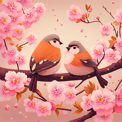 Two cute birds perched on cherry blossom tree branch, spring illustration
