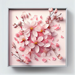 Cherry blossom pink sakura flowers background, square frame composition