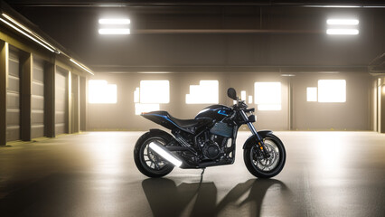 motorcycle in a dark garage, generic, Generative AI