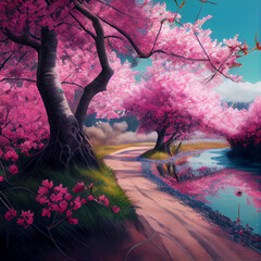 Cherry blossom trees and lake on Japanese landscape mountain illustration